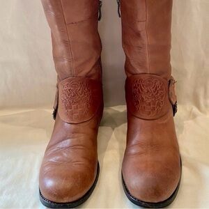 Vince Camuto Cognac Brown Leather Embossed Mid-Calf Boots